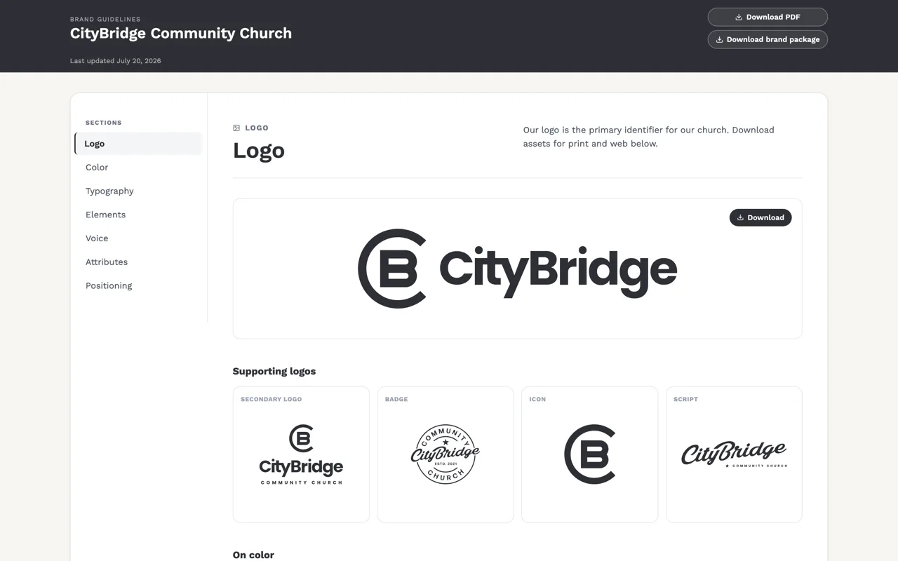 A published online brand guide, showing the logo section with primary and supporting marks