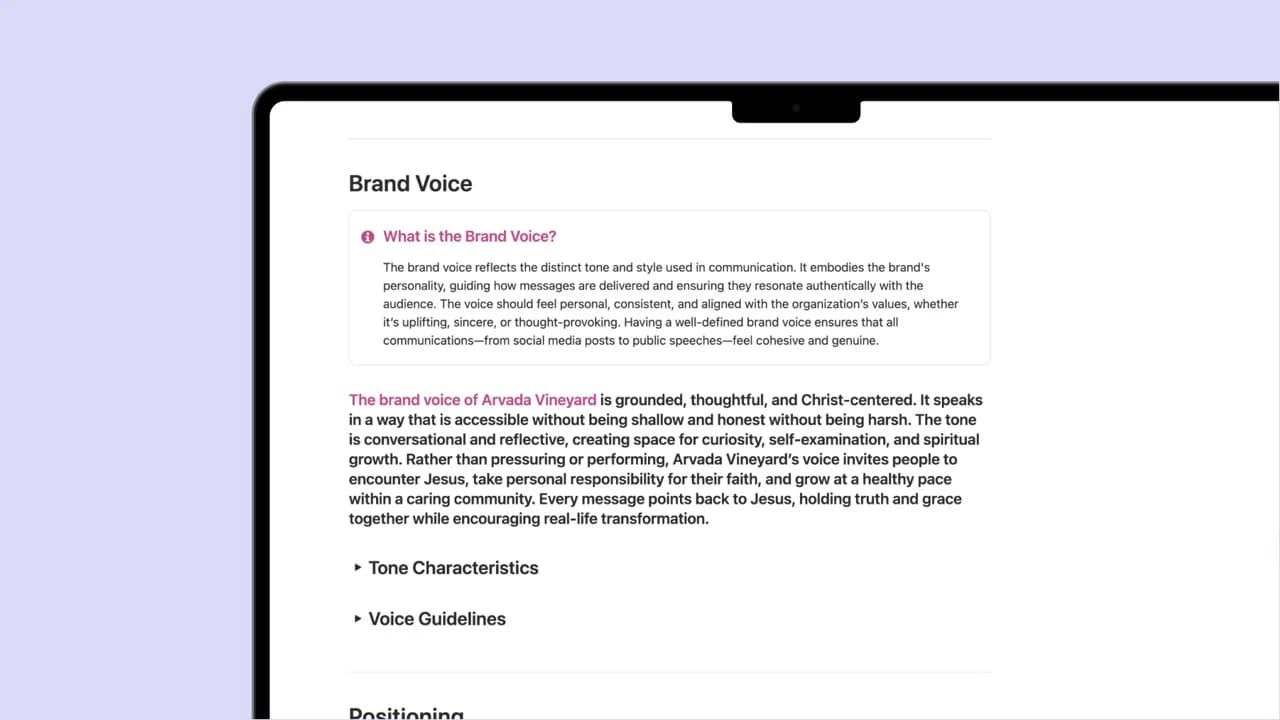A brand strategy document, showing a church's defined brand voice and tone