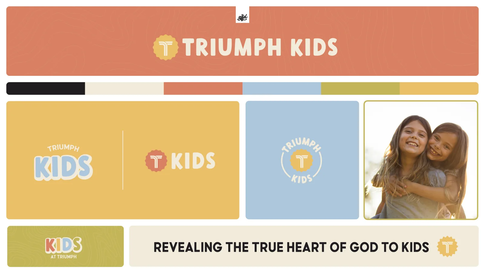 The Triumph Kids ministry brand kit: logo lockups, palette, and the line Revealing the true heart of God to kids