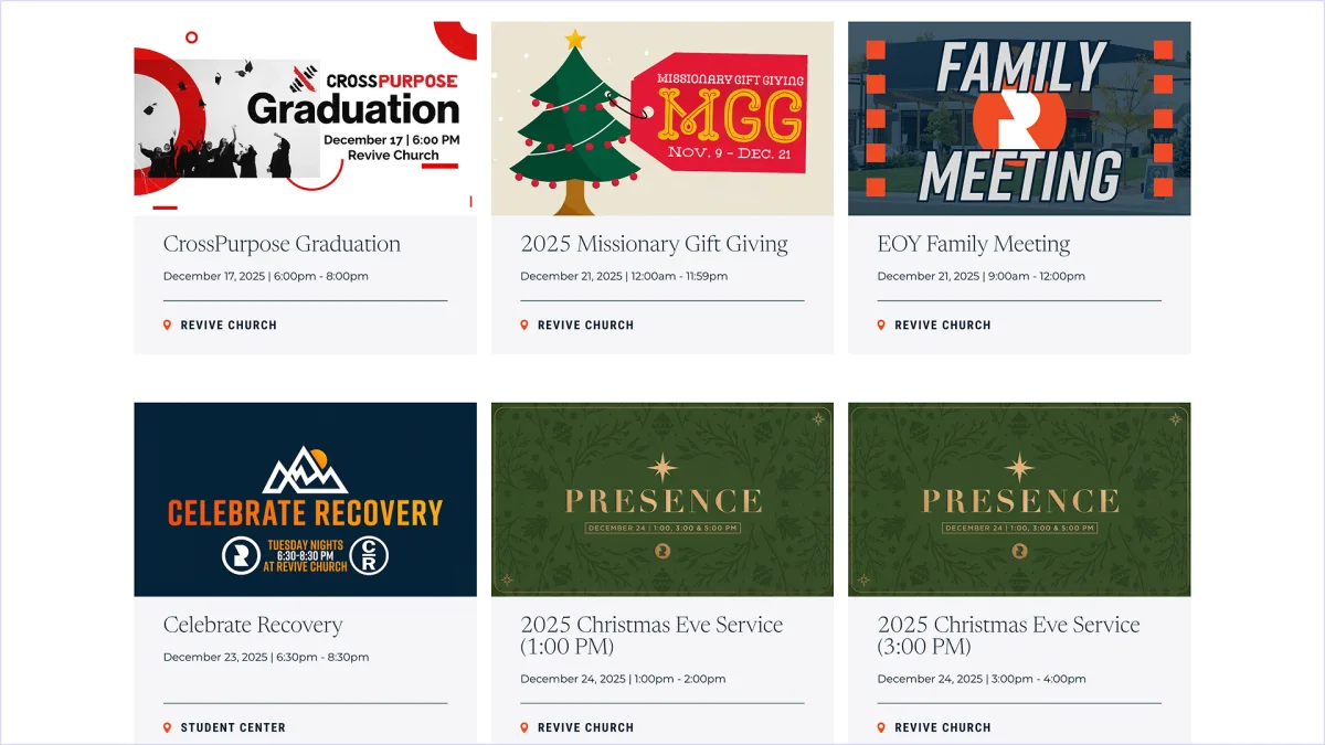 A church events index kept current with upcoming services and gatherings