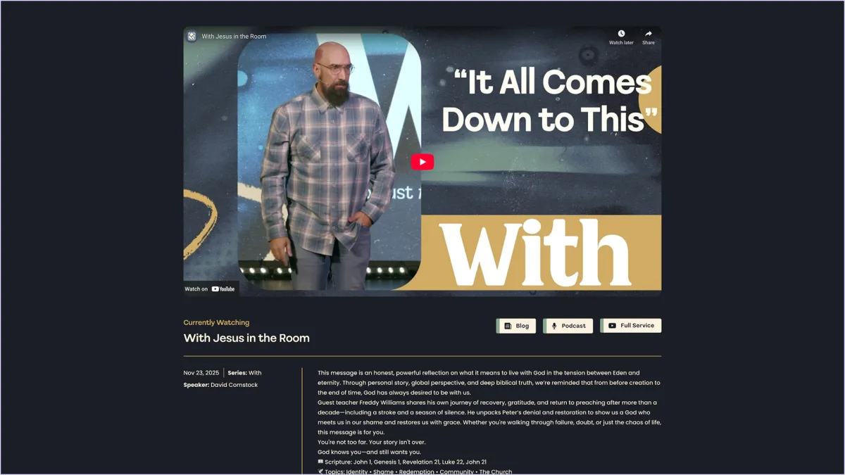 A church sermon page with the latest message at the top, uploaded and published by the web squad