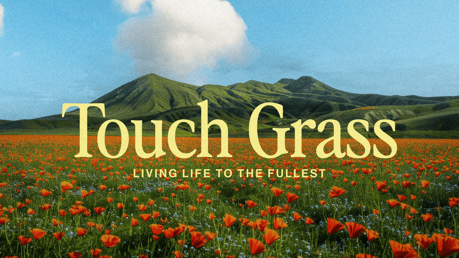 A sermon title slide reading Touch Grass in pale yellow serif over a photograph of an orange poppy field and green hills, subtitled LIVING LIFE TO THE FULLEST.
