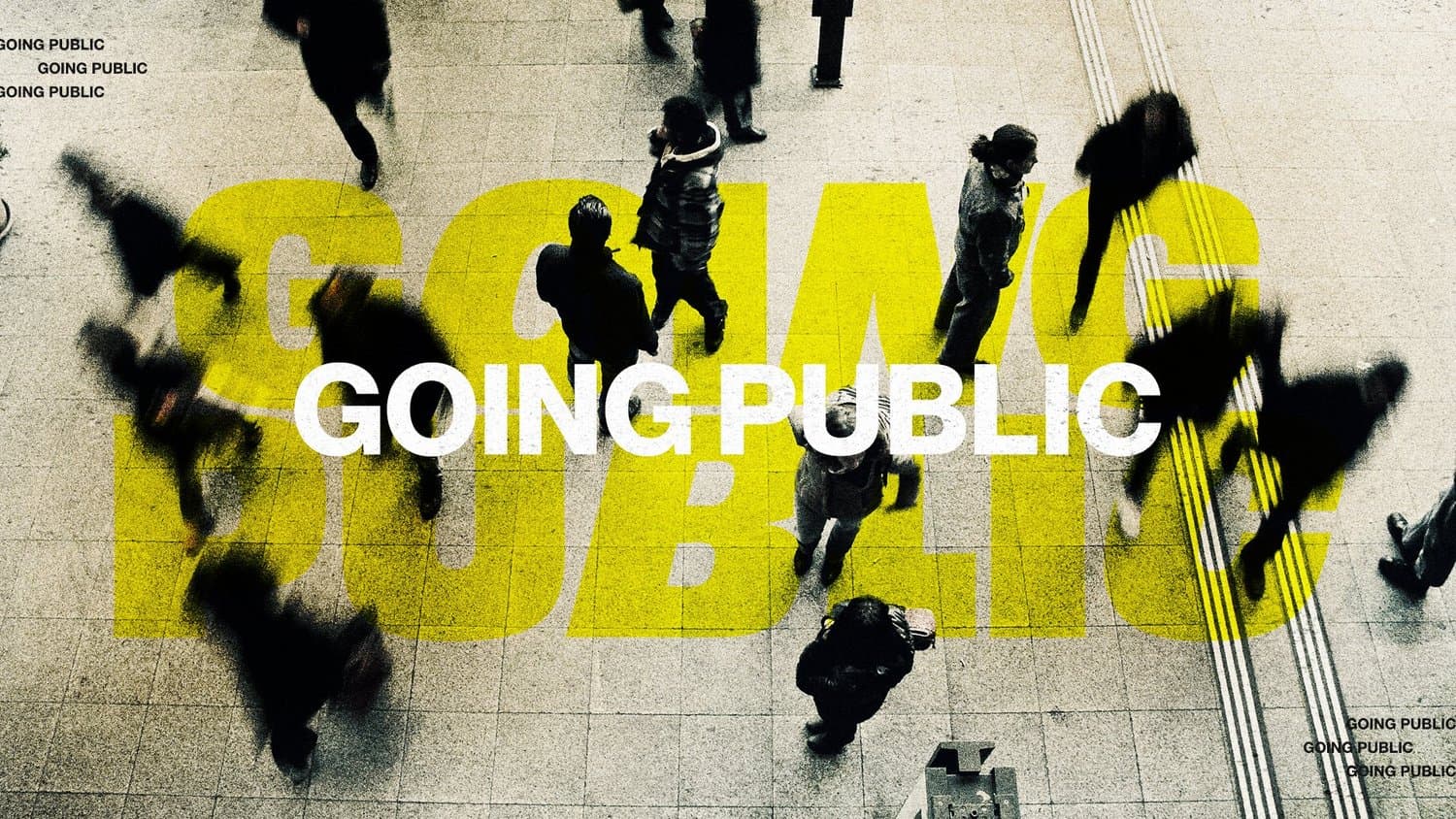 A sermon title slide reading GOING PUBLIC in white capitals over an overhead photograph of pedestrians on paving, with the title repeated large in yellow behind them.