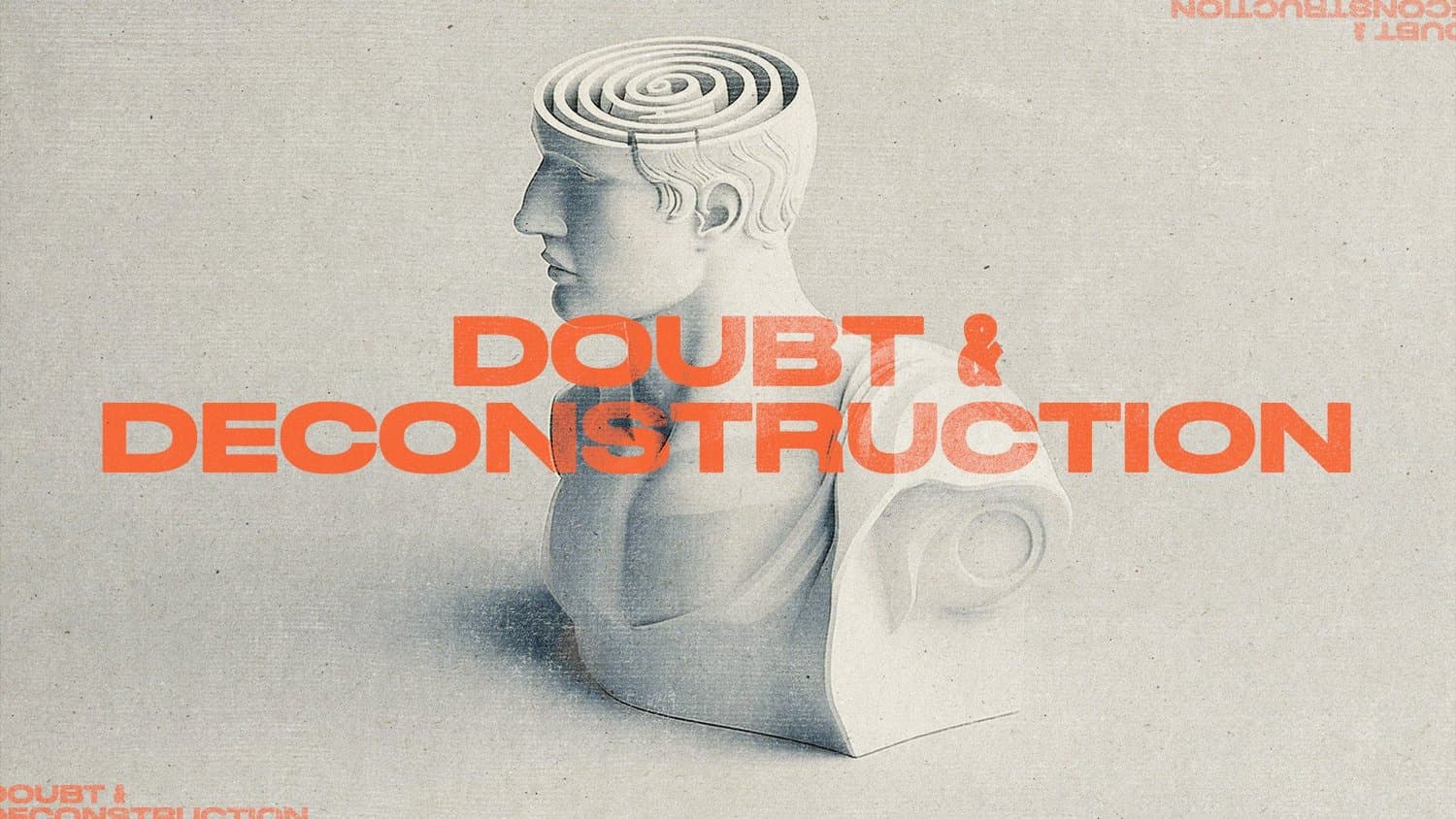 A grey paper textured slide reading DOUBT & DECONSTRUCTION in orange capitals over a classical marble bust with a spiral maze cut into its head.
