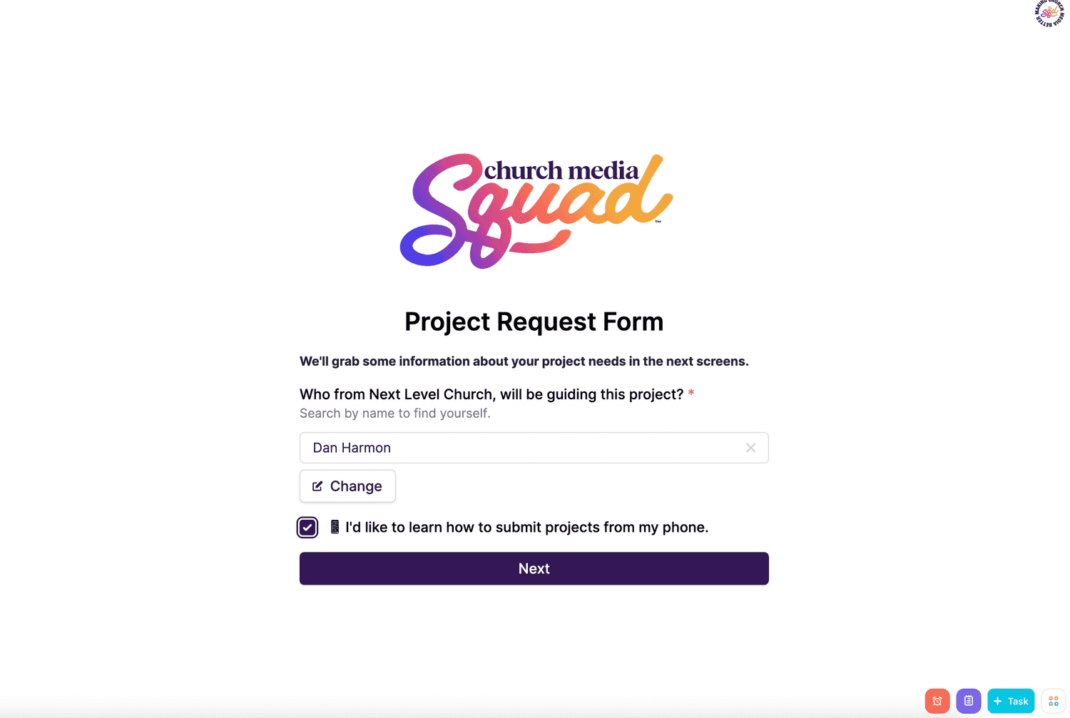 The same Project Request Form screen with Dan Harmon selected as the project guide and a ticked checkbox reading I'd like to learn how to submit projects from my phone.