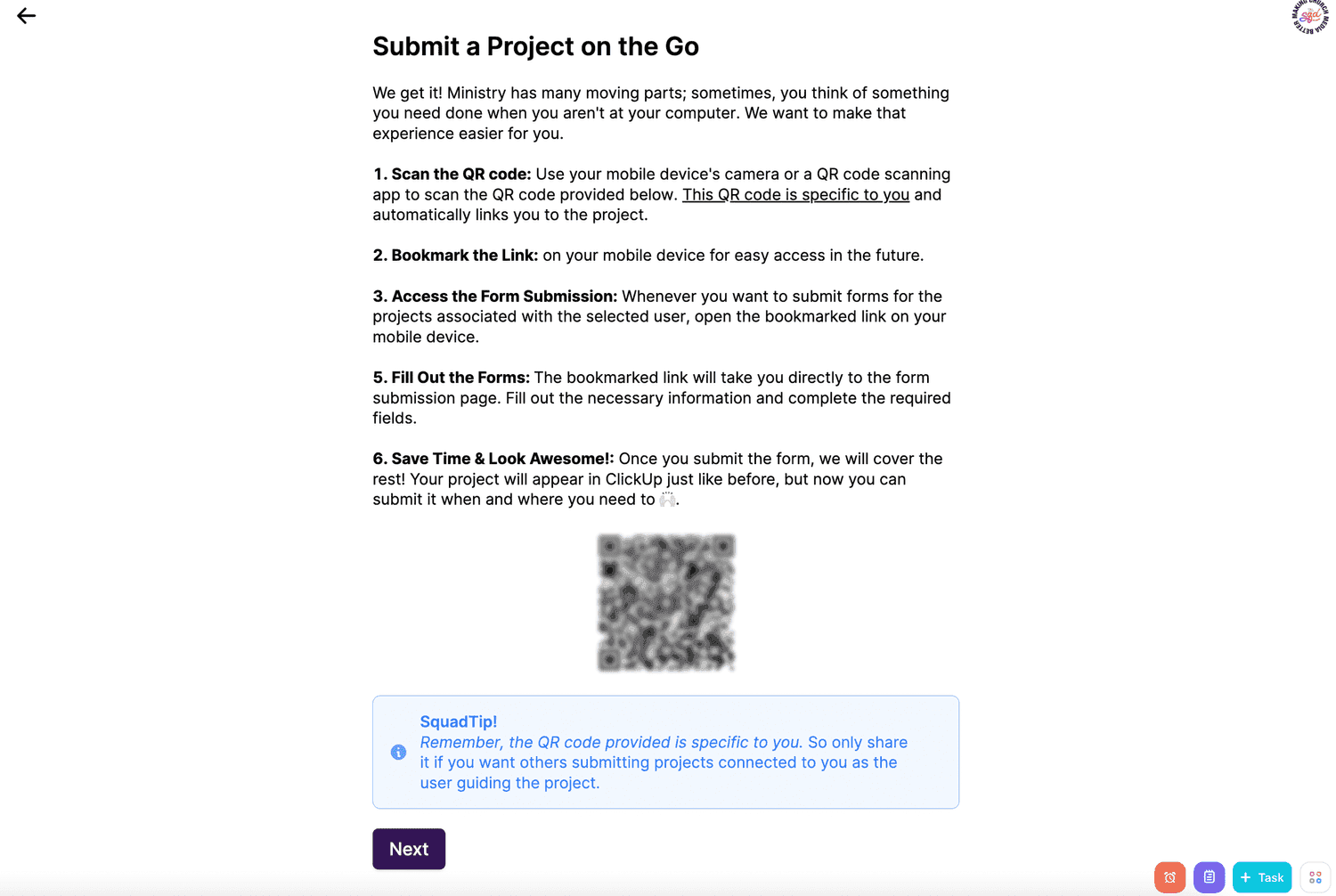 A help screen titled Submit a Project on the Go, listing numbered steps for scanning a personal QR code and bookmarking the link, with the QR code and a SquadTip note below.