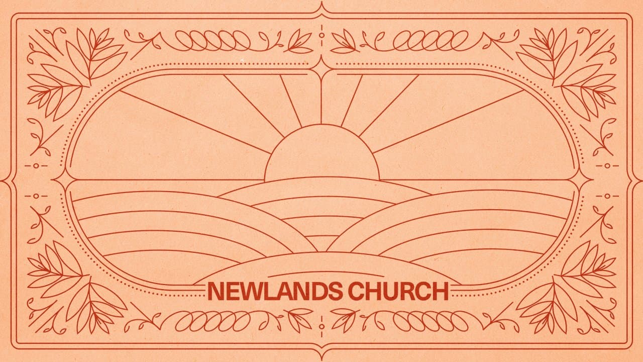 A sunrise landscape illustration on warm peach background with ornate frame and leaf details in rust tones, NEWLANDS CHURCH text at bottom, minimal geometric sunrise design.