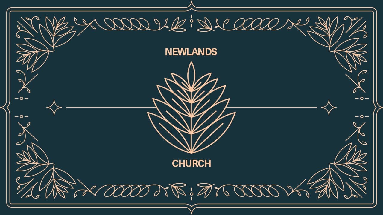 A red background card reading NEWLANDS CHURCH with large cream line-drawn crown of thorns as central element, ornate border with leaf and geometric details throughout.