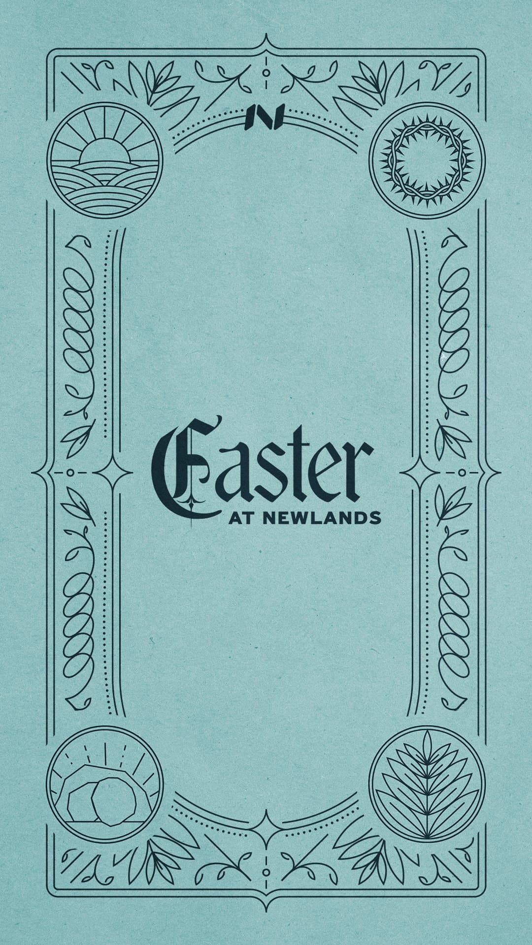 An Easter at Newlands title card on light blue background with ornate vertical border pattern of twisted rope and leaf elements in black line work, matching the series theme.