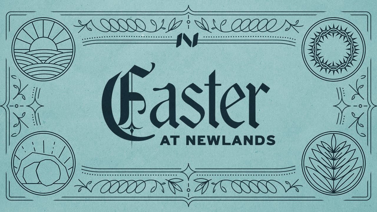 An Easter at Newlands title card with light blue background, ornate decorative border in black, featuring four circular line-drawn icons in corners (sunrise, sun, bread, palm fronds) and Gothic serif lettering.