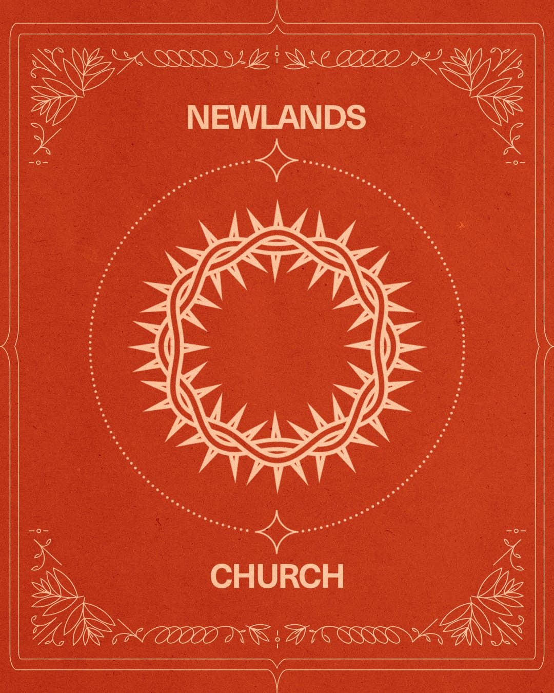 An Easter at Newlands announcement on dark teal background with cream ornate border, crown of thorns central graphic, and leaf corner decorations in the line-drawn style.