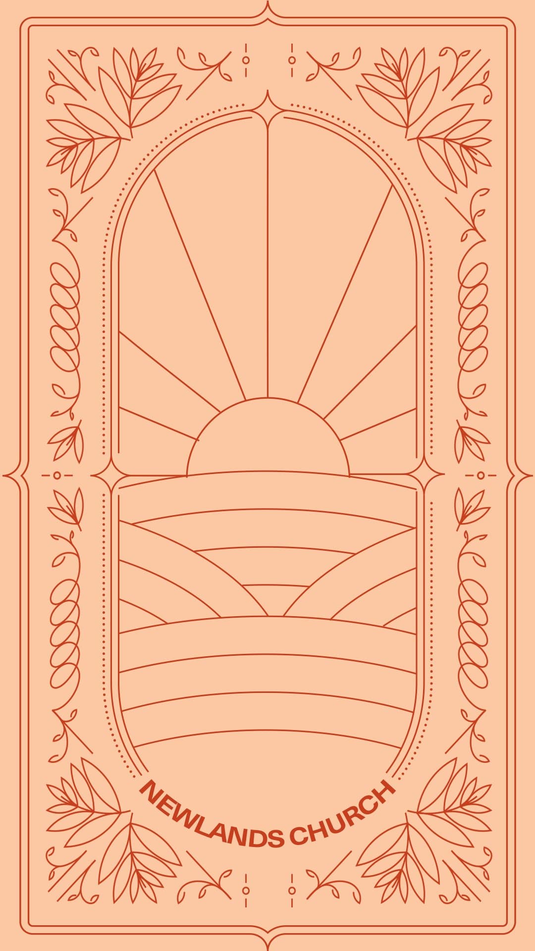 A peach background card with sunrise graphic in line work, radiating rays above layered landscape lines, NEWLANDS CHURCH text at bottom, matching the Easter theme with minimal geometric elements.