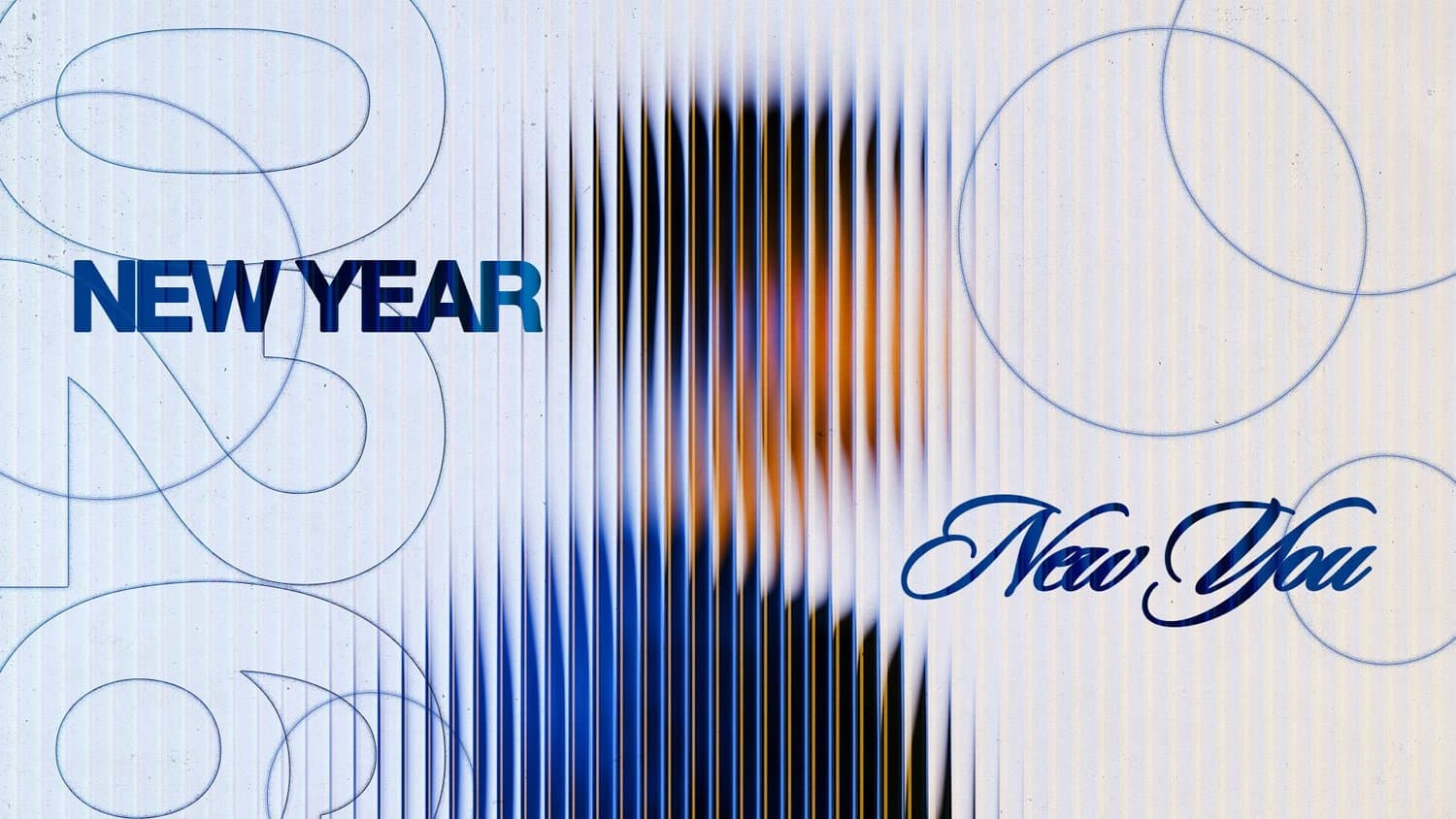 A New Year slide reading NEW YEAR in blue capitals and New You in blue script, over a warped lenticular blur and faint outlined 2025 numerals.