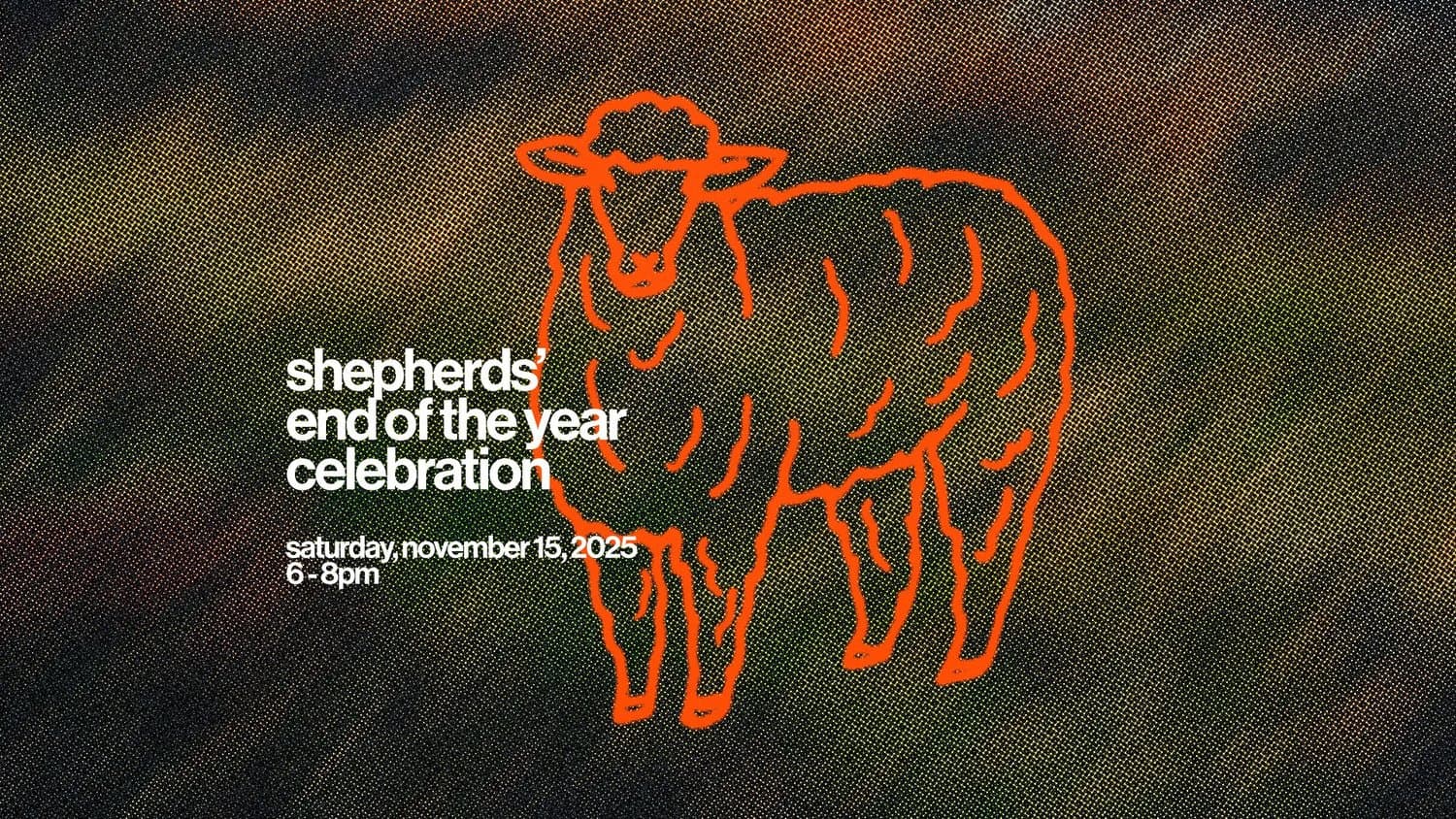A dark mottled event slide reading shepherds' end of the year celebration in white lowercase, over a large orange line drawing of a sheep.