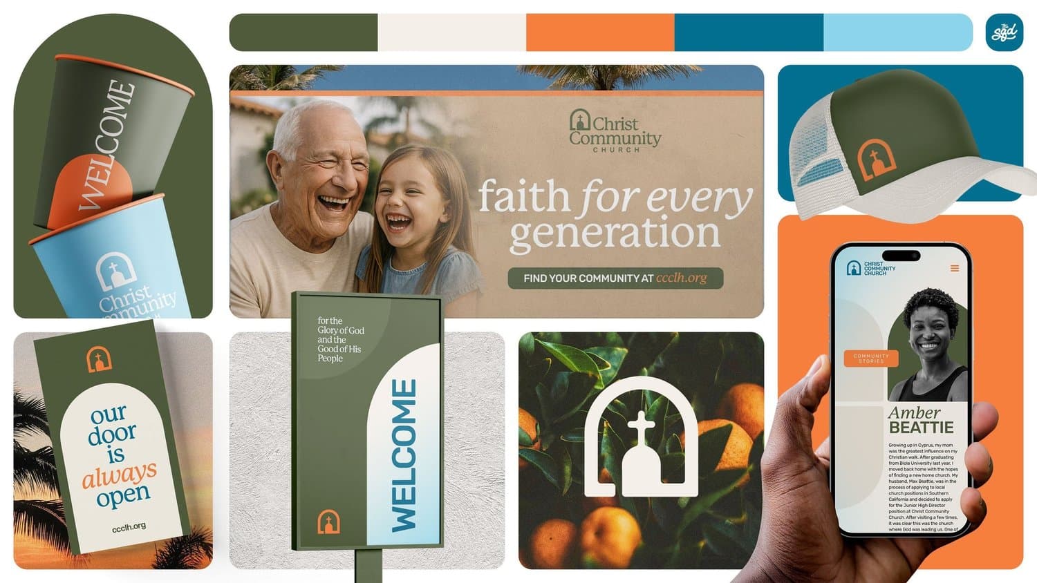A brand board for Christ Community Church in olive, orange and blue, with cups, a WELCOME banner, a cap and a phone showing a member story.