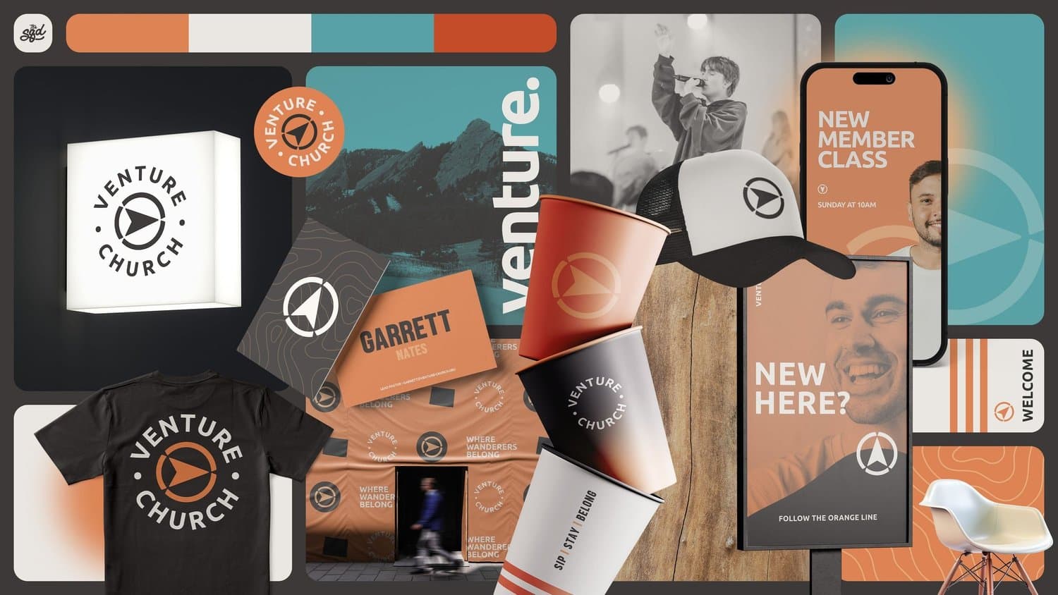 A brand board for Venture Church in orange, teal and black, showing a lightbox sign, tee shirts, hats, coffee cups and a NEW HERE? screen.
