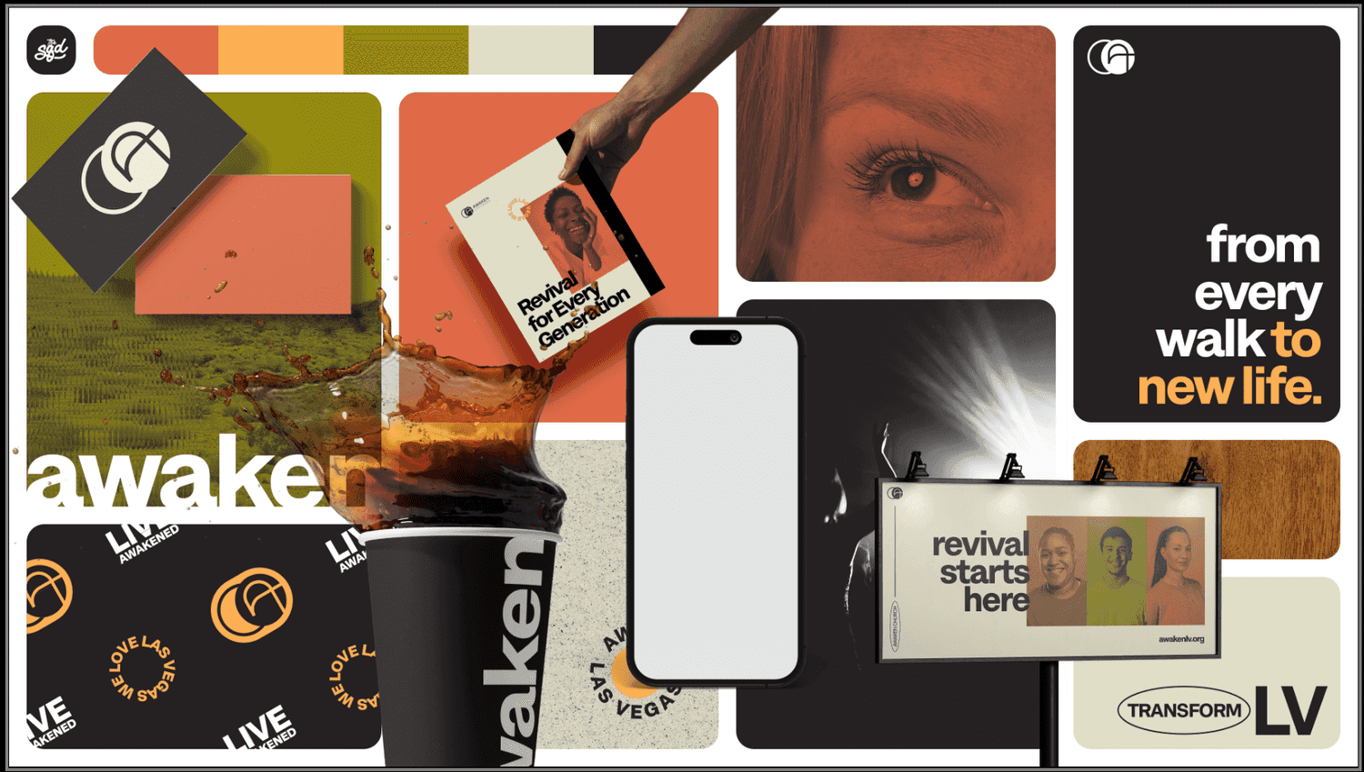 A brand board for Awaken Las Vegas in olive, orange and black, with a card deck, coffee cup, phone mockup and a revival starts here billboard.