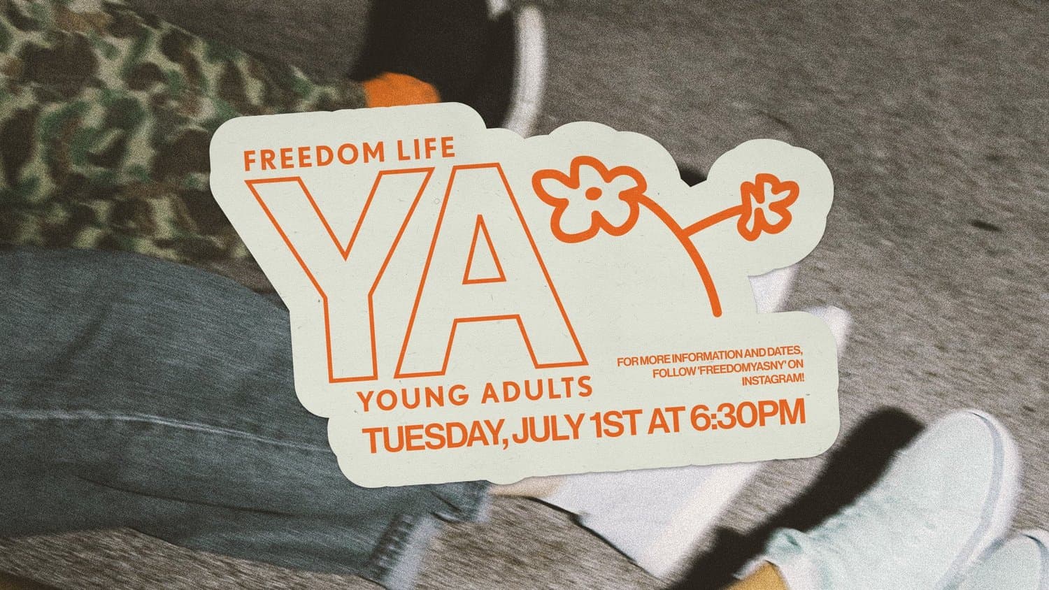 A young adults promo slide shaped like a cream sticker, reading FREEDOM LIFE YA YOUNG ADULTS in orange with a flower doodle, over a photograph of sneakers.