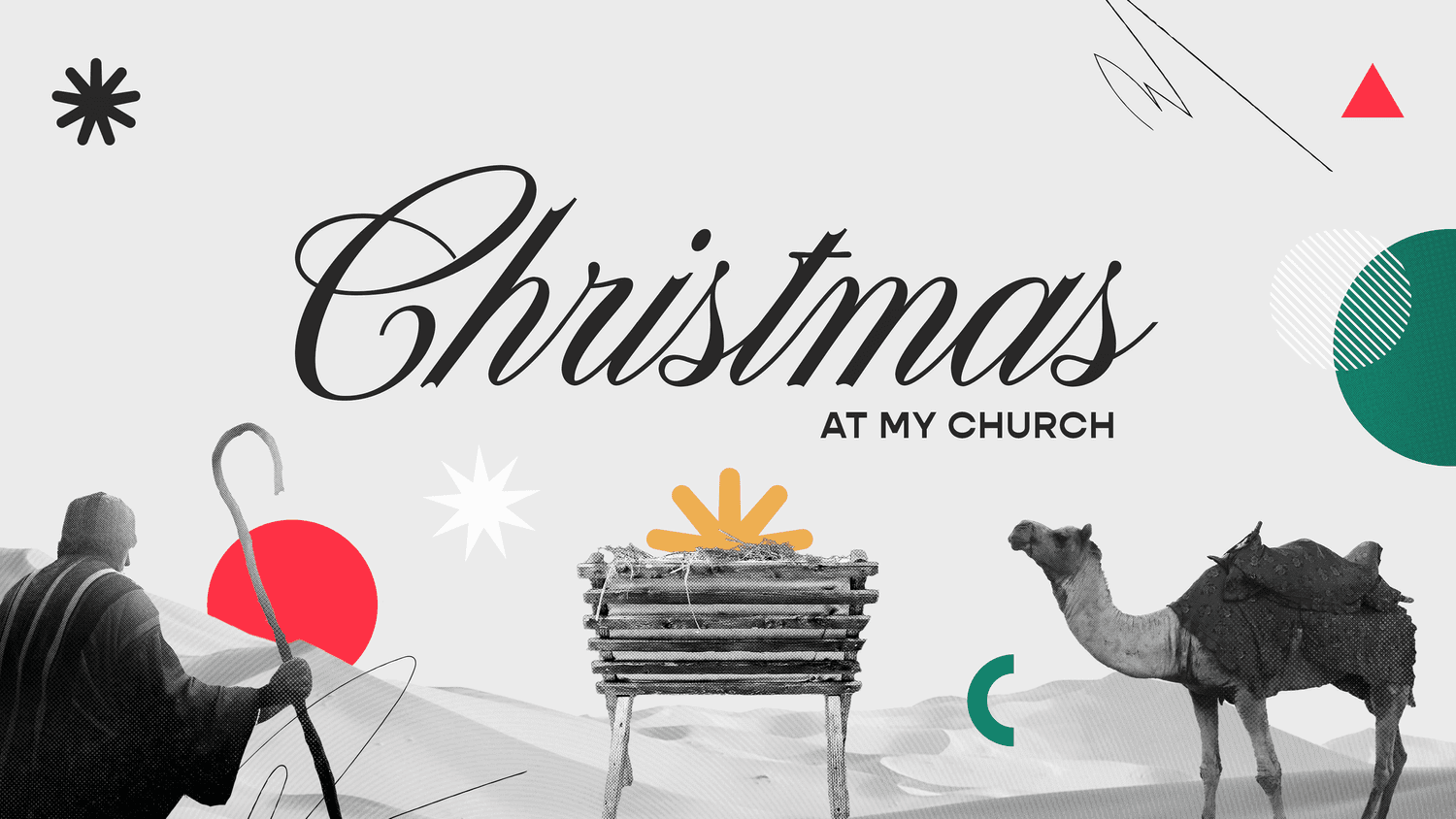 A light grey Christmas title slide reading Christmas in black script above AT MY CHURCH, with cutout photos of a manger, shepherd and camel plus red and green shapes.