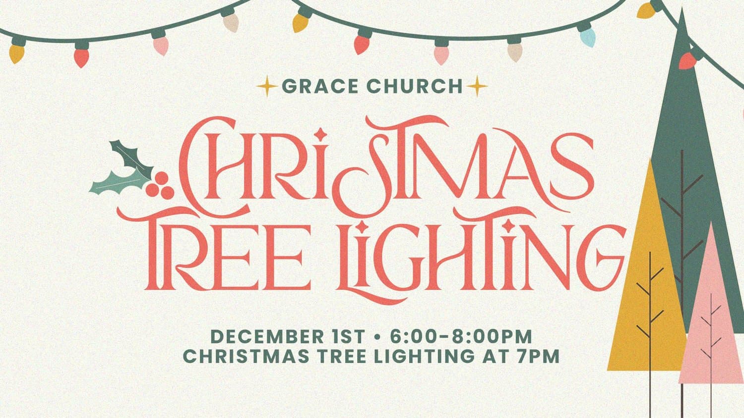 A cream Christmas tree lighting slide reading CHRISTMAS TREE LIGHTING in coral display type, with a strand of bulbs overhead and flat green, gold and pink trees.