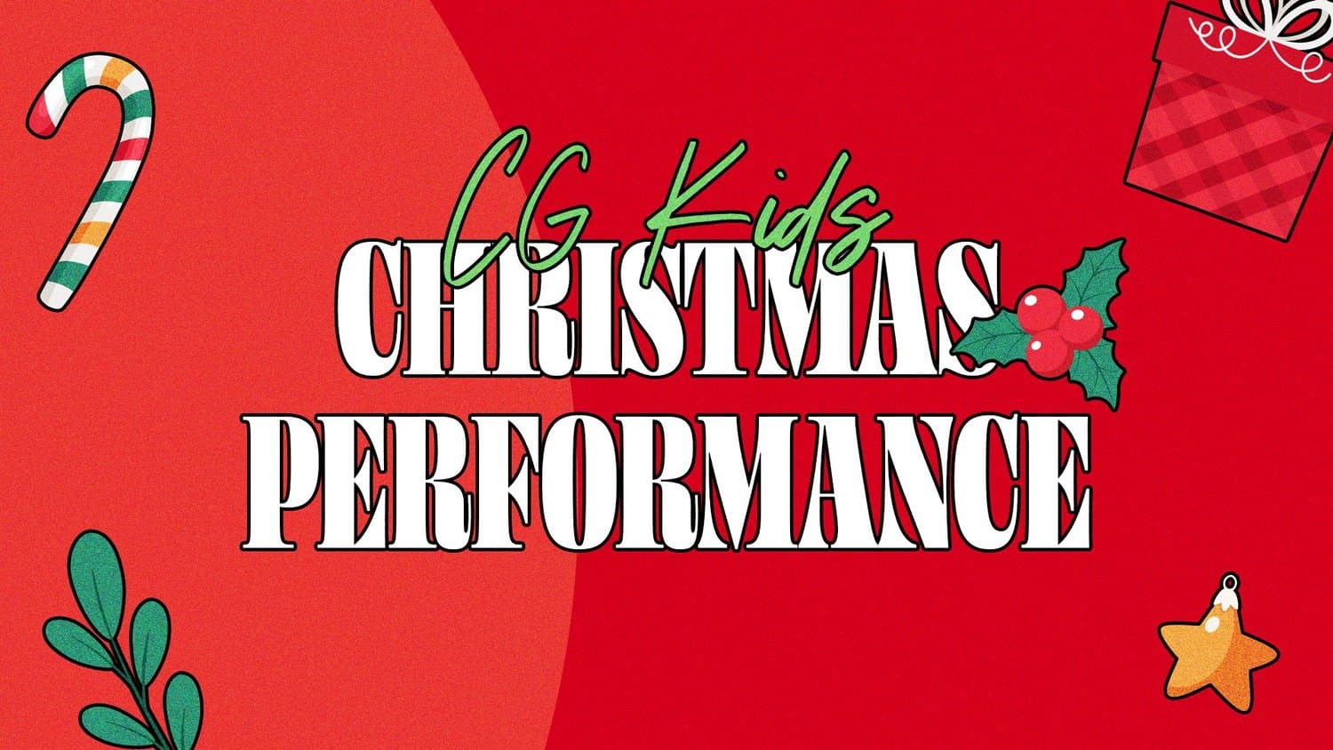 A red kids Christmas slide reading CG Kids in green script above CHRISTMAS PERFORMANCE in white shadowed capitals, with a candy cane, holly, gift and gold star.