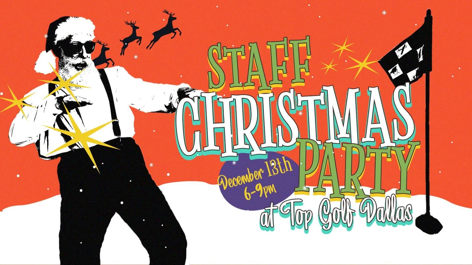 A STAFF CHRISTMAS PARTY slide in green and cream layered lettering on orange, with a cutout Santa in sunglasses swinging a golf club and a flag reading at Top Golf Dallas.
