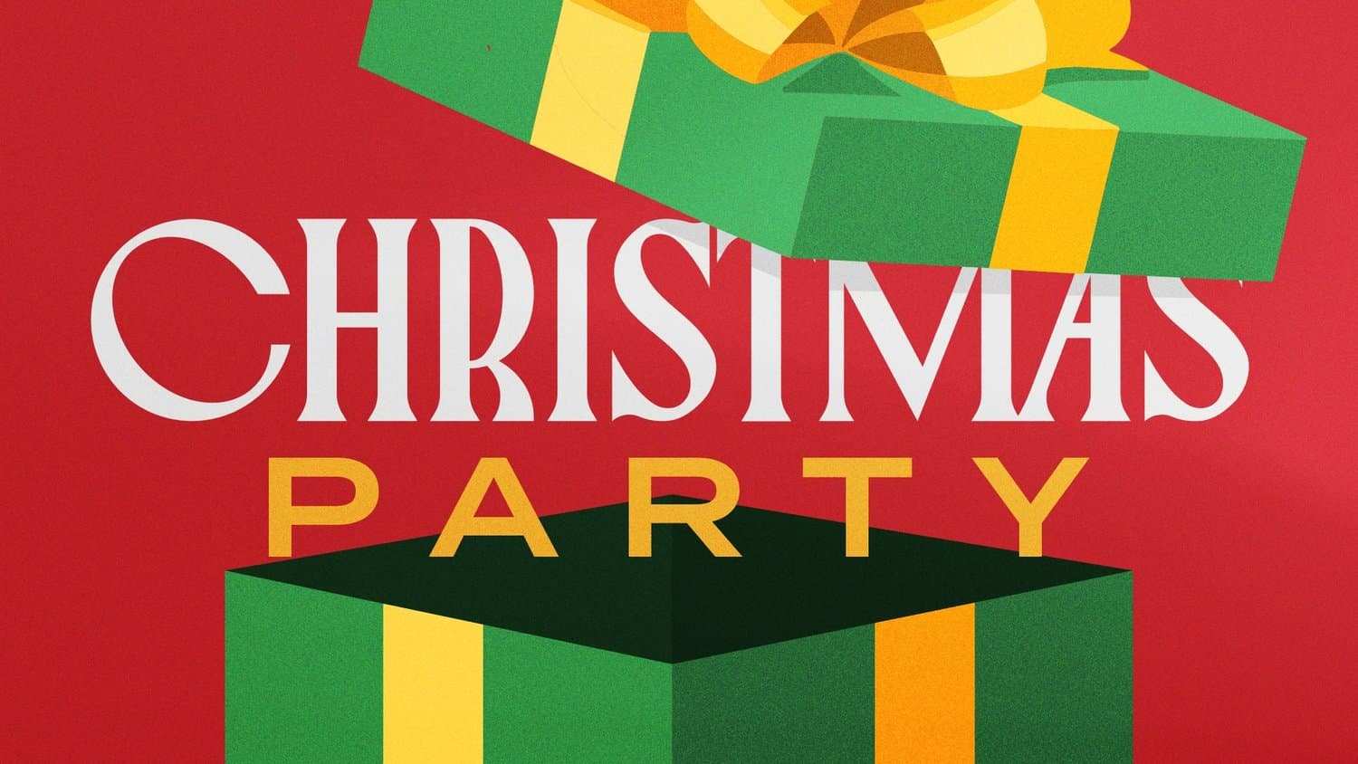 A red Christmas party slide reading CHRISTMAS in white serif and PARTY in gold, sandwiched between the open lid and base of an illustrated green and gold gift box.