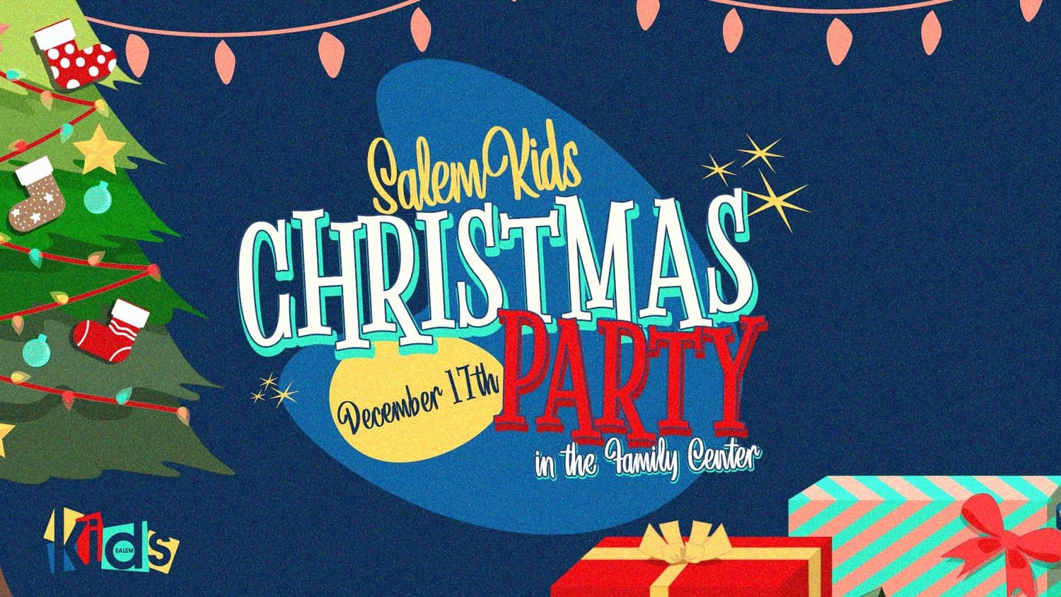 A navy kids Christmas slide reading SalemKids CHRISTMAS PARTY in layered retro lettering, with an illustrated tree, stockings, bulb string and wrapped gifts, December 17th.