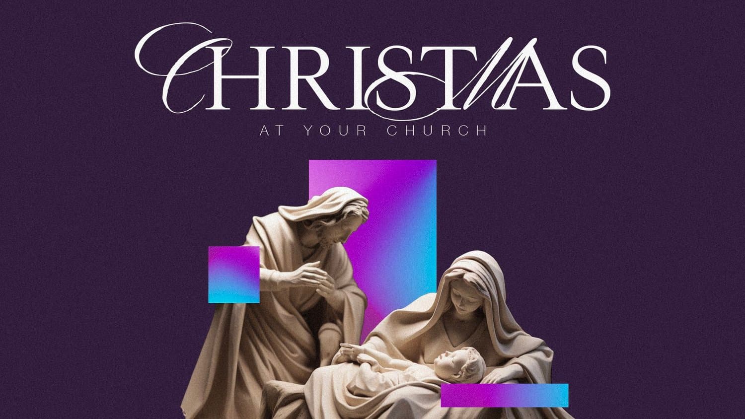 A deep plum Christmas title slide reading CHRISTMAS in white display serif, over a stone nativity sculpture of Mary and Joseph with purple to blue gradient blocks.