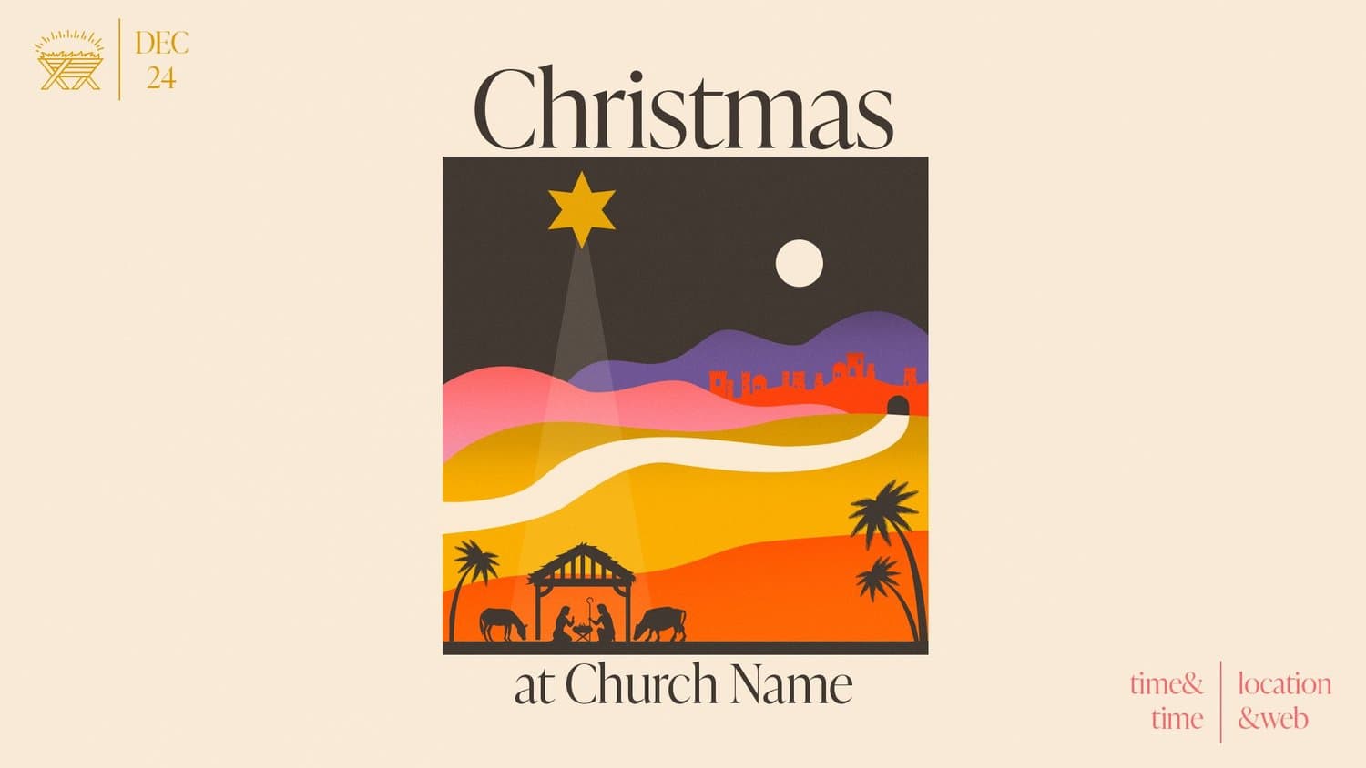A cream Christmas slide reading Christmas at Church Name in serif, framing an illustrated nativity scene with a gold star, sunset hills and palms in orange and purple.