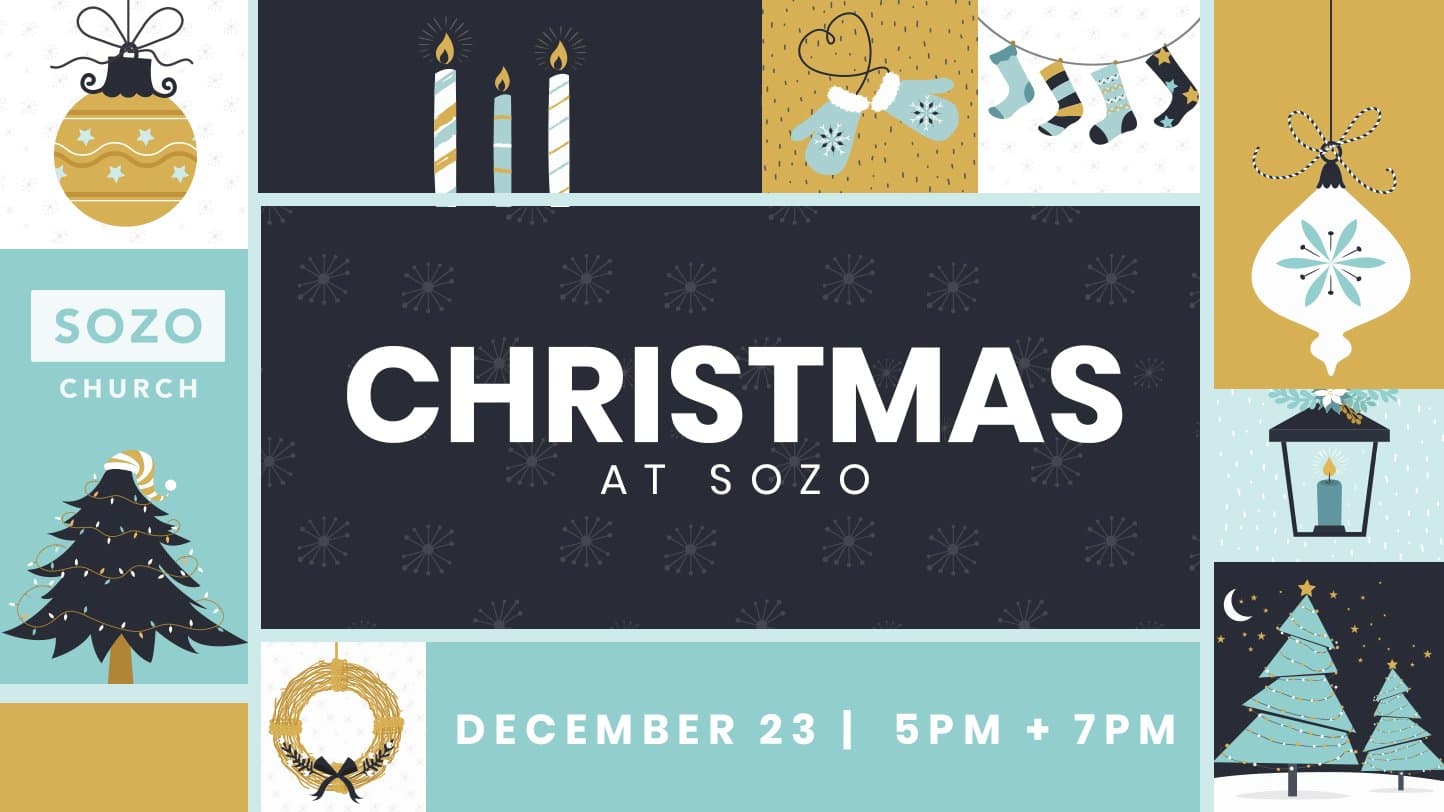 A modular Christmas slide reading CHRISTMAS AT SOZO in white on navy, surrounded by teal and gold illustrated tiles of candles, mittens, stockings, ornaments and trees.