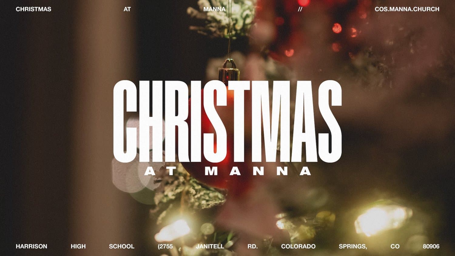 A Christmas title slide reading CHRISTMAS AT MANNA in tall white condensed capitals over a blurred photo of tree lights and a gold ornament, with venue details in small caps.