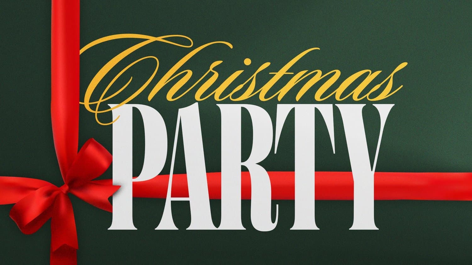 A dark green Christmas party slide reading Christmas in gold script over PARTY in white serif, with a red satin ribbon and bow crossing the frame like a wrapped gift.