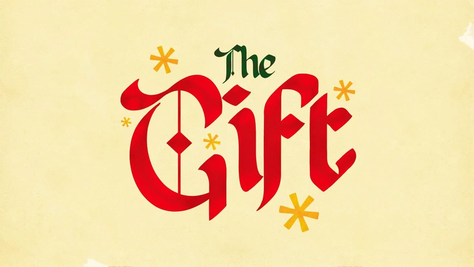 Yellow Christmas graphic with bold red retro lettering reading The Gift