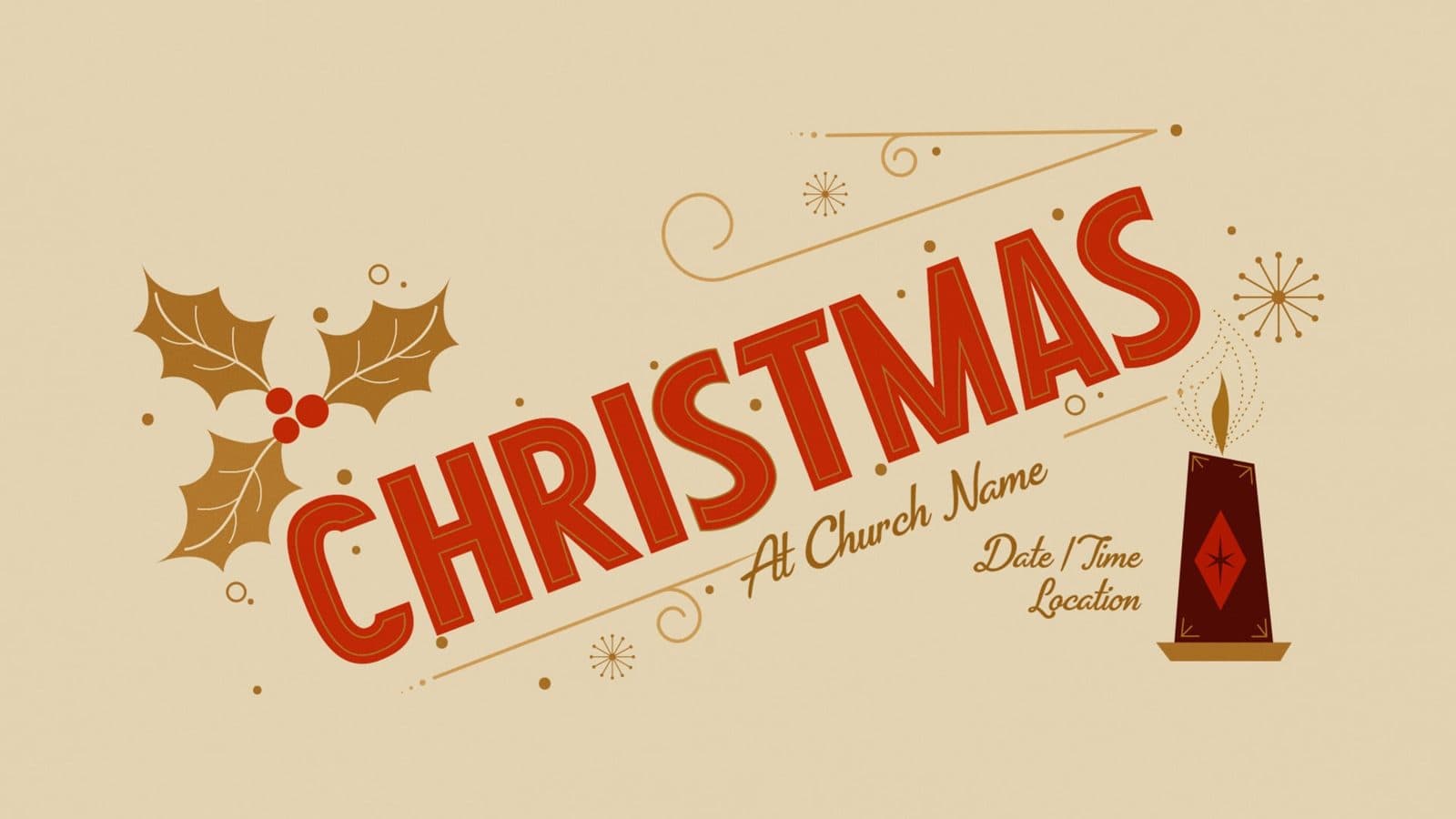 Cream Christmas graphic with red script lettering, drawn holly and a candle illustration