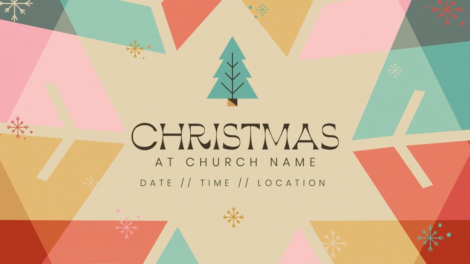 Geometric Christmas graphic with pastel triangles and a small tree above the words Christmas at church name