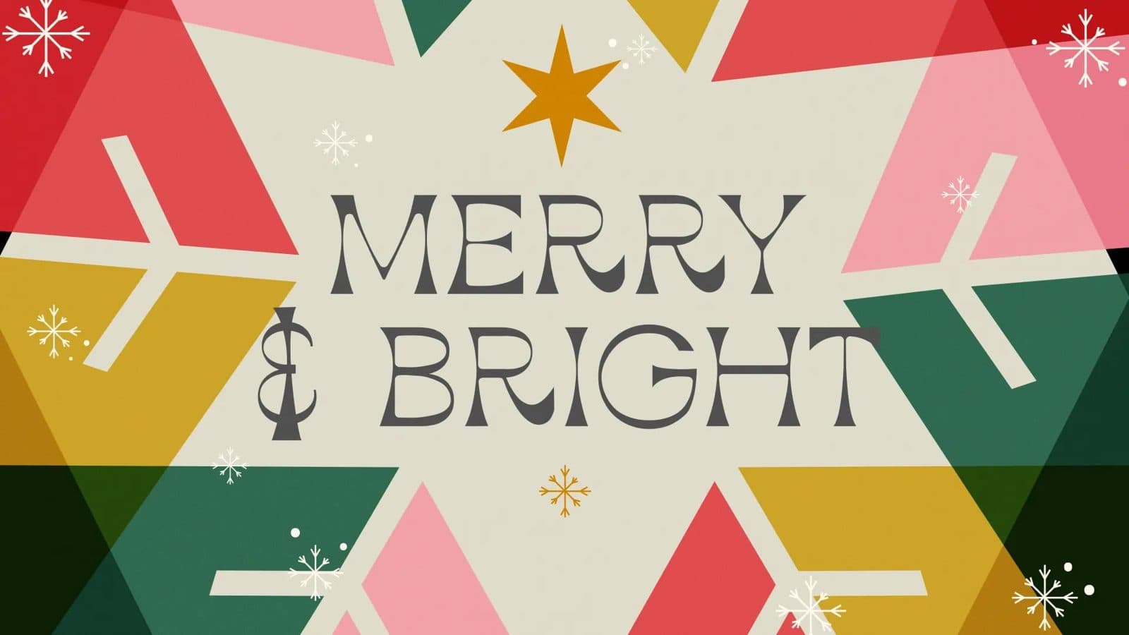 Geometric Merry and Bright graphic in red, green, pink and mustard triangles
