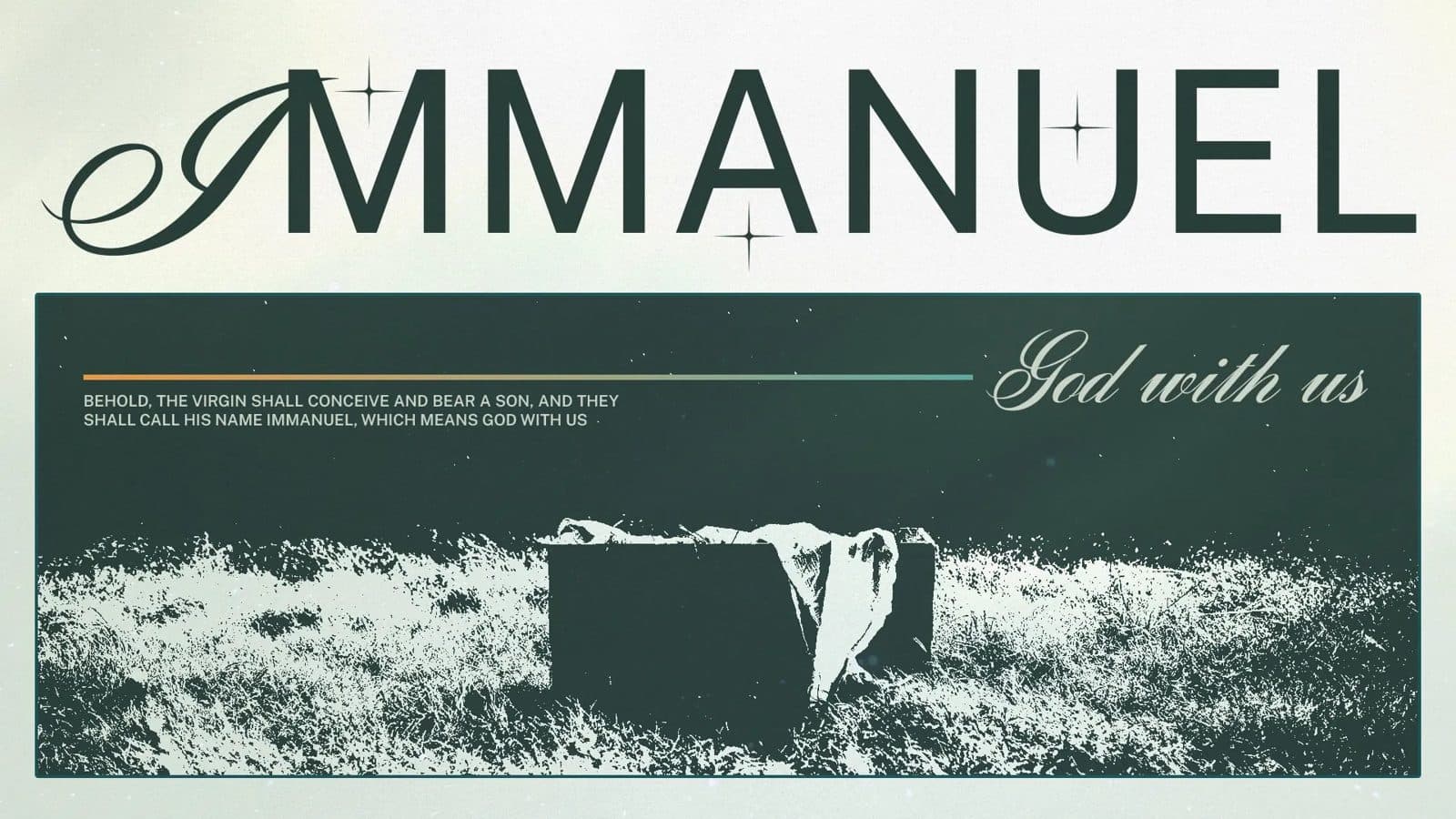 Christmas graphic reading Immanuel God with us over a high-contrast photograph of an empty manger