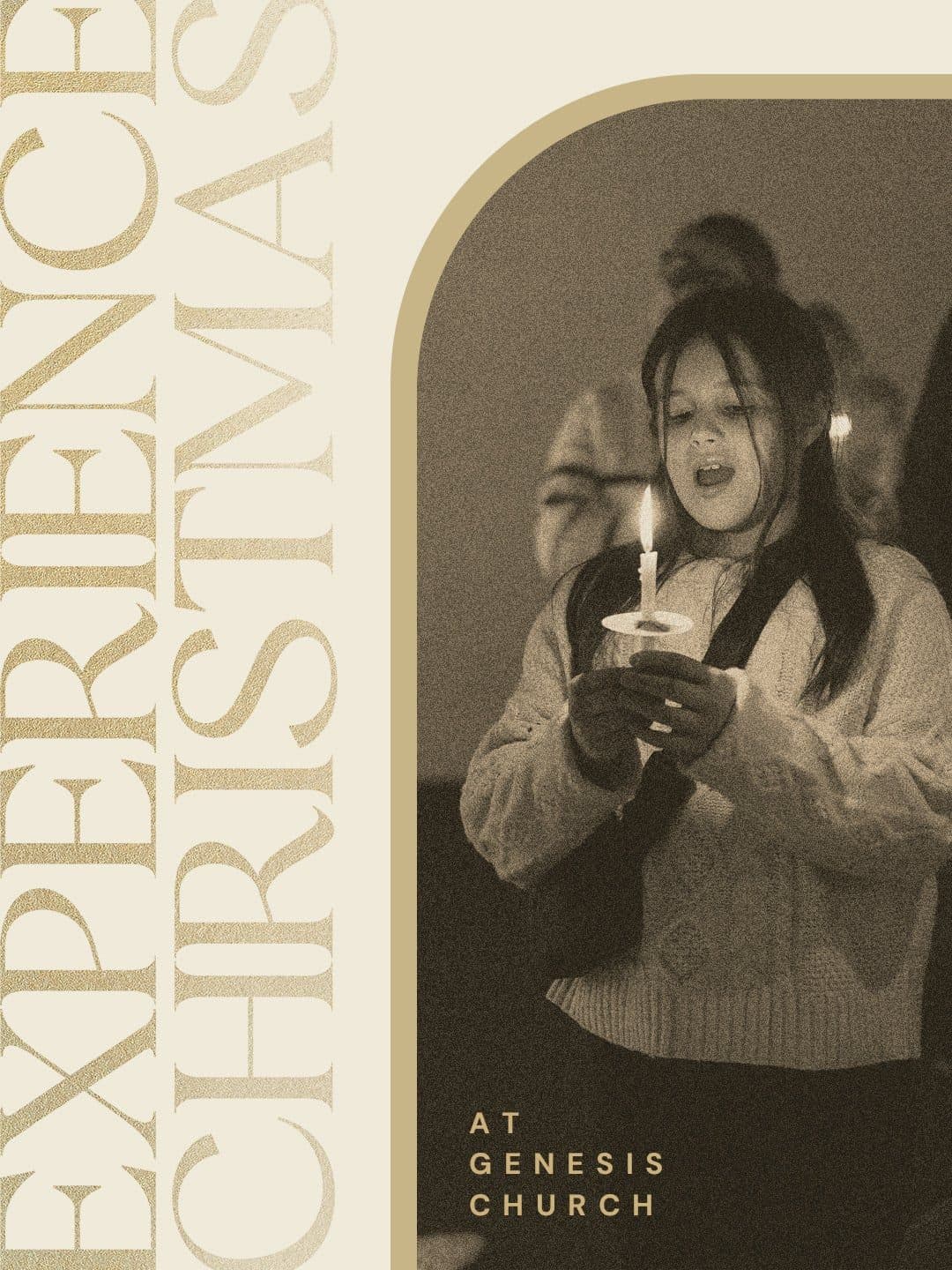 Cream and gold Christmas story graphic reading Experience Christmas over a photo of a woman holding a candle