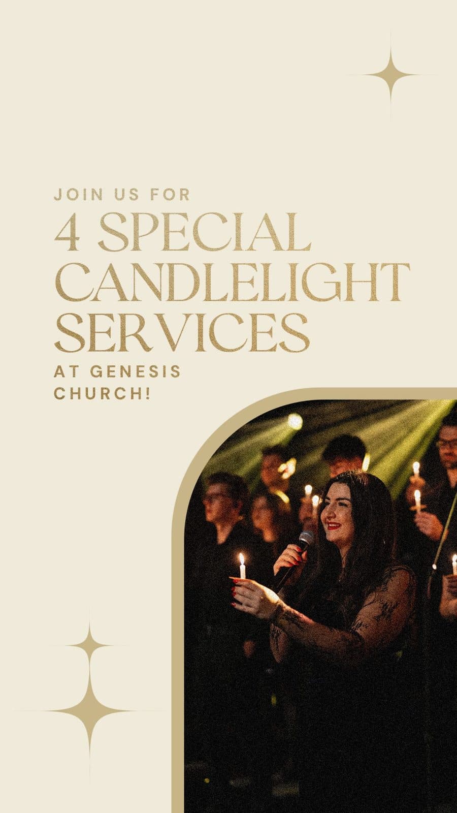 Cream Christmas story graphic announcing four special candlelight services with a photo of a worship leader