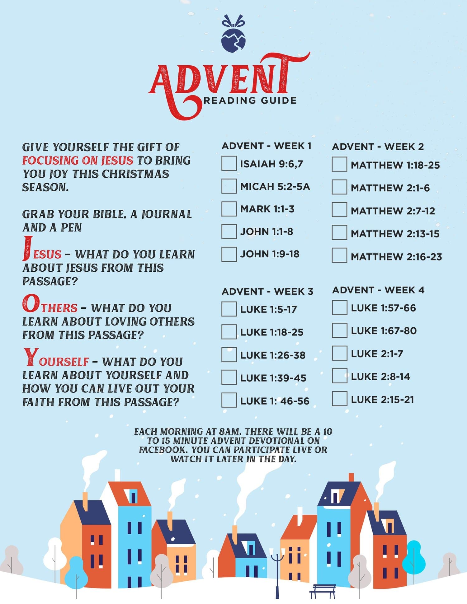 A pale blue Advent Reading Guide flyer with a red logo, four weekly scripture checklists from Isaiah through Luke, and a row of illustrated snowy houses along the bottom.
