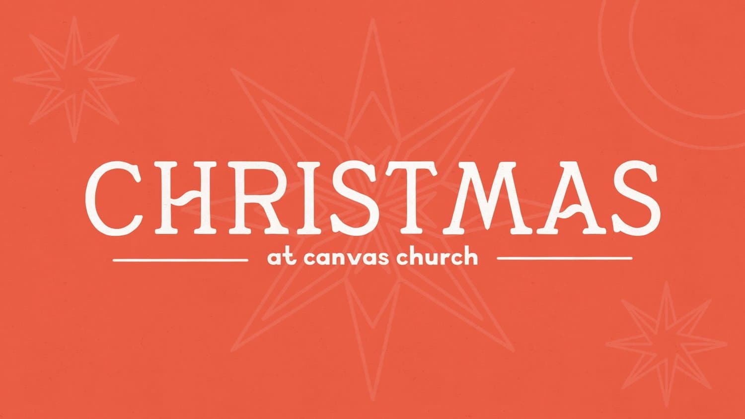 A coral red Christmas title slide reading CHRISTMAS in cream slab serif capitals, with at canvas church on a rule beneath and faint outlined stars in the background.