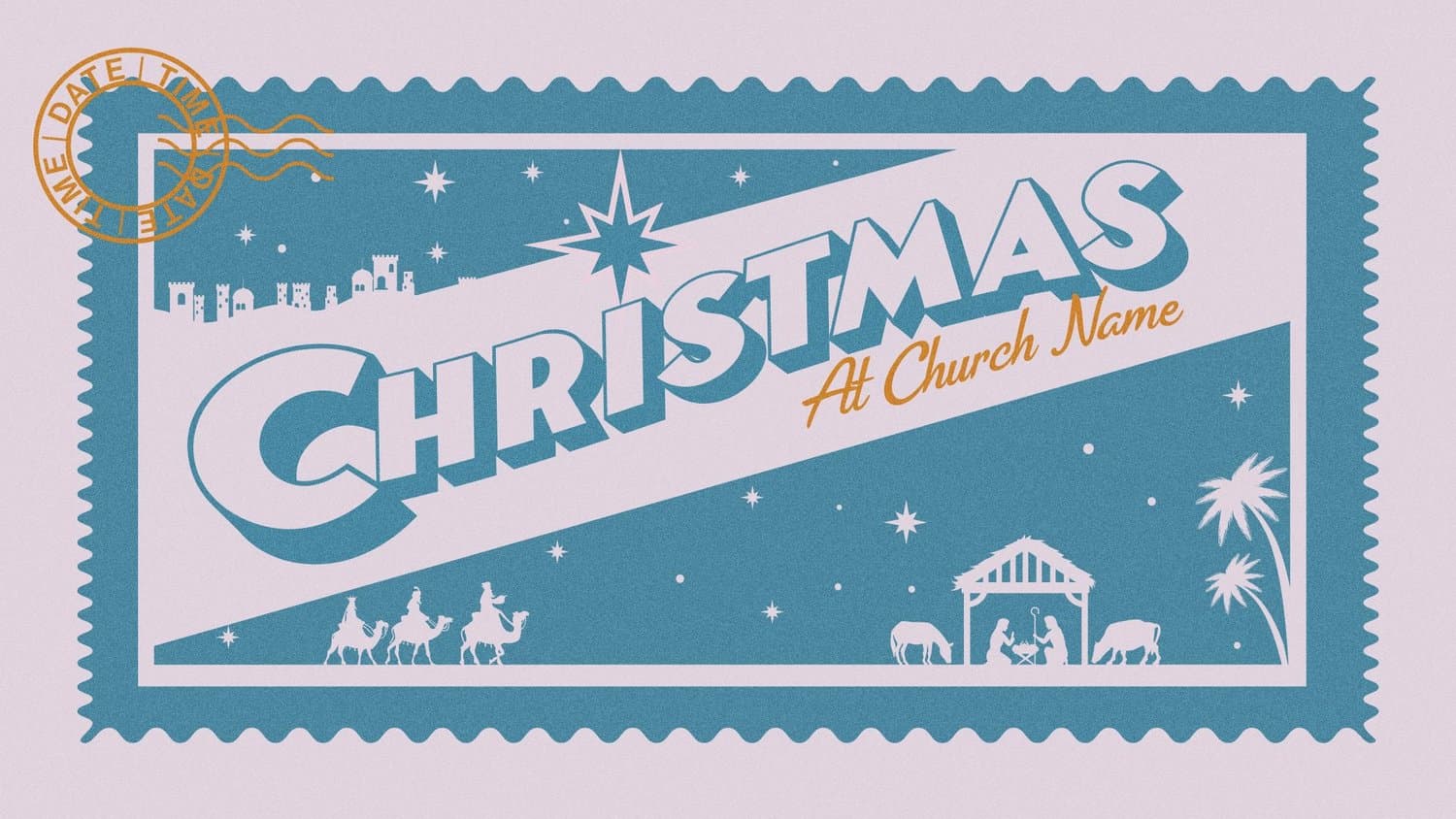 A lilac Christmas title slide drawn as a teal postage stamp, with CHRISTMAS in dimensional capitals, At Church Name in gold script, and silhouettes of the wise men and a nativity stable.