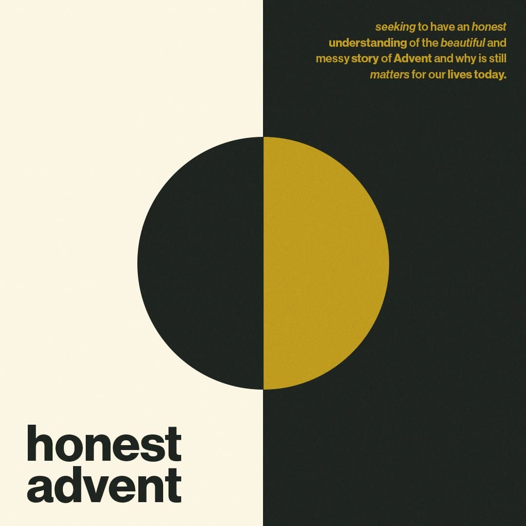 A square honest advent post again, cream and black halves with the two tone circle and a mustard block of body copy in the upper right.