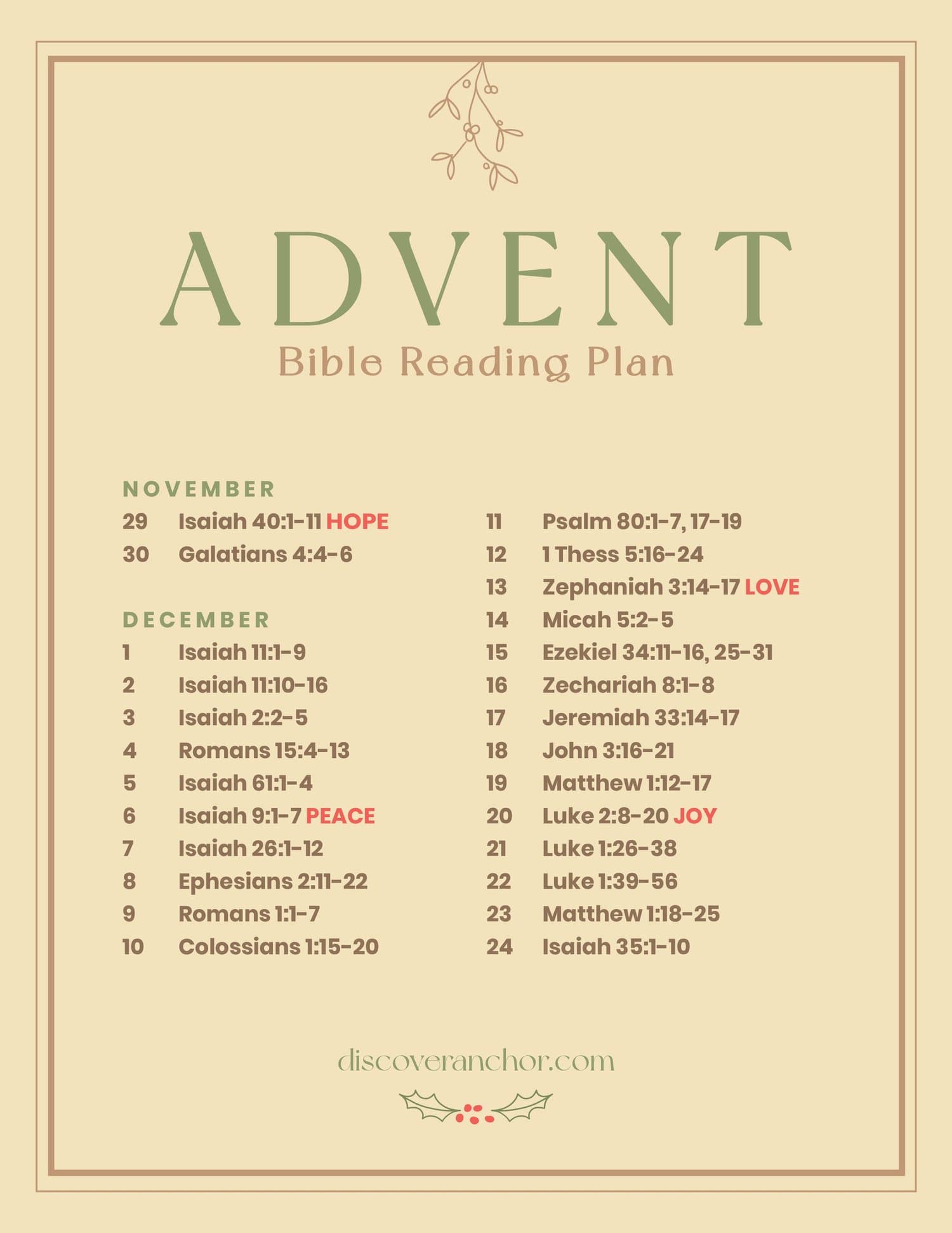 A cream Advent Bible Reading Plan flyer with ADVENT in green spaced serif capitals, daily readings for November 29 through December 24, and HOPE, PEACE, LOVE and JOY marked in coral.
