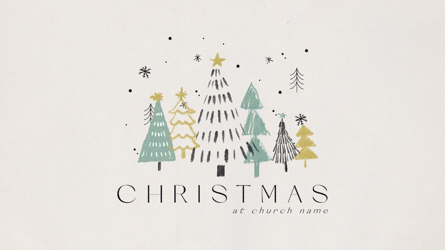 An off white Christmas title slide with a cluster of hand sketched sage, gold and charcoal trees above CHRISTMAS in thin spaced capitals and at church name in script.