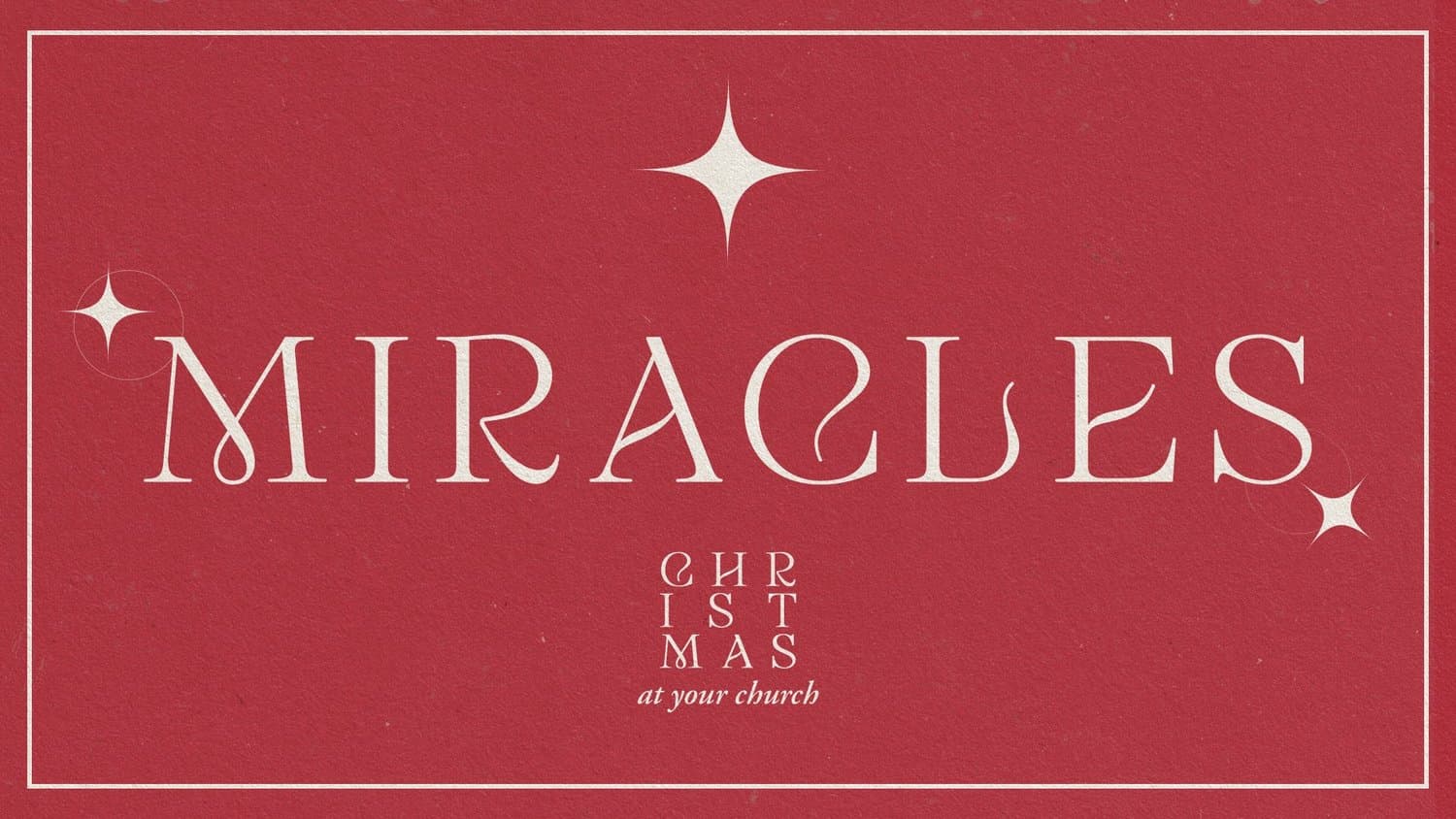 The same MIRACLES Christmas title slide in a red colourway, with cream serif capitals, cream sparkles and a thin cream border on a textured crimson field.