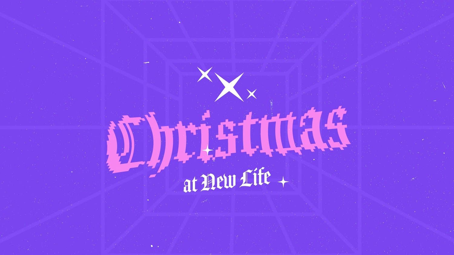 A purple Christmas slide reading Christmas in pink glitched blackletter with at New Life in white below, over a faint grid tunnel and white sparkle stars.