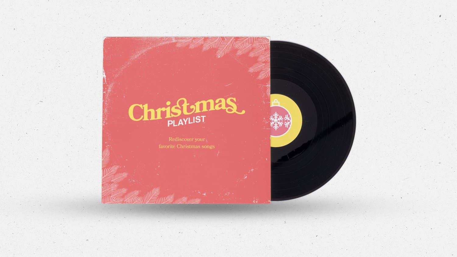 A vinyl record mockup with a coral sleeve reading Christmas PLAYLIST in yellow retro type, subtitled Rediscover your favorite Christmas songs, beside a black record with a yellow ornament label.