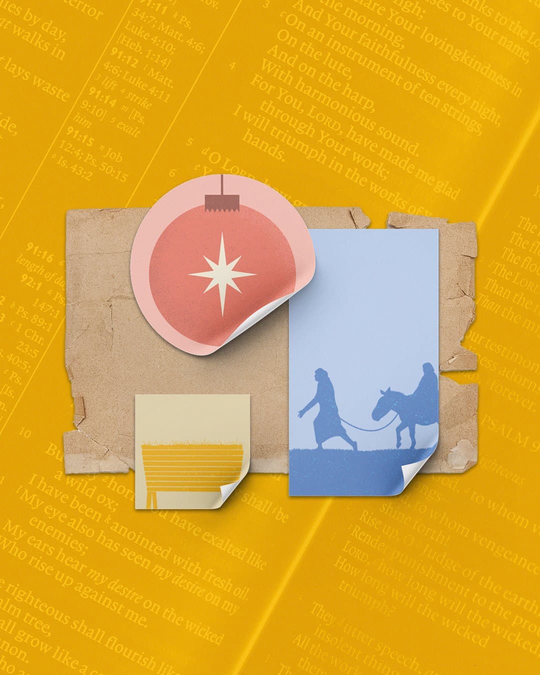 A yellow Christmas layout with the ornament, manger and donkey panels arranged as peeling stickers on torn kraft paper over printed Psalms text.